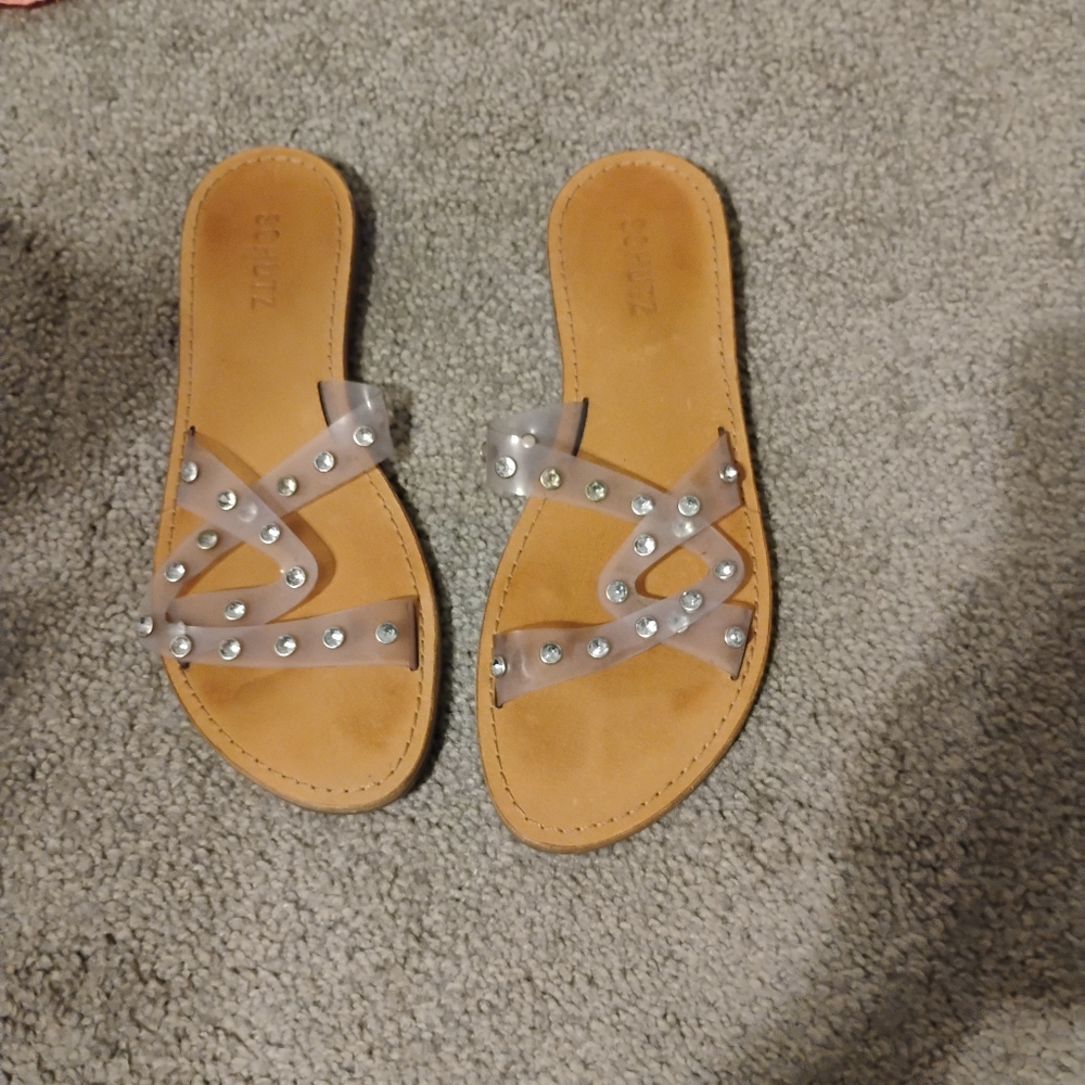 Schutz Cathryn Clear and Tan Cross Vinyl and Rhinestone Sandals 8.5